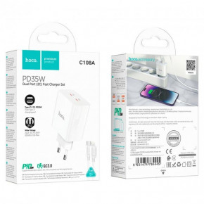   HOCO Type-C to Lightning Cable Leader dual port (2C) charger C108A |2Type-C, 35W/3A, PD/QC|  10