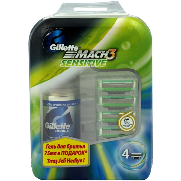 Gillette mach-3 Sensitive cменные кассеты для бритья 4шт + tgs гель для бритья Sensitive Skin (для чувствительной кожи) 75мл бе (7702018256716)
