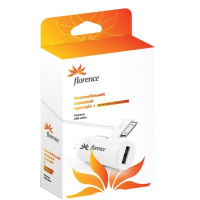 Автомобильное зарядное устройство Florence (USB 1.2A) + cable iPhone 4/4S White (CC12-IPH4)