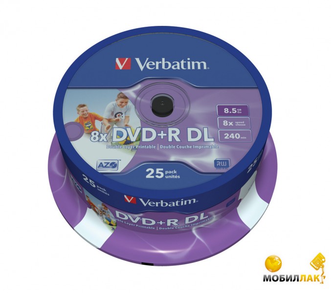  Verbatim DVD+R 8,5GB 8x Spindle Packaging Dual Layer Printable 25 (43667)