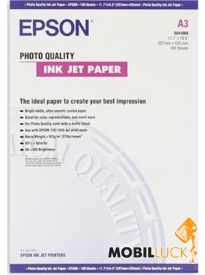  Epson A3 Photo Quality Ink Jet Paper, 100. (C13S041068)
