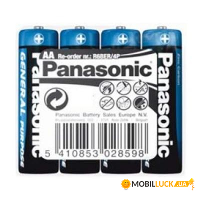  Panasonic General Purpose R6 AA Tray 4 Zink-Carbon (R6BER/4P)