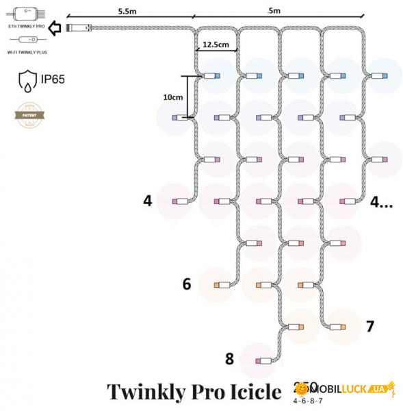  Twinkly Pro Icicle AWW 250 IP65 AWG22 PVC Rubber  (TW-PLC-I-CA-250GOP-WR)