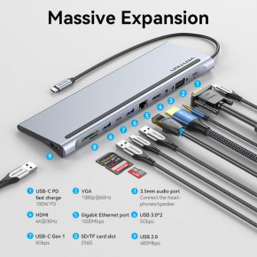- USB3.1 Type-C --> HDMI/VGA/USB-C/USB3.0x3/RJ45/SD/TF/TRRS 3.5mm/PD 100W Vention 11in1 (THTHC) 5