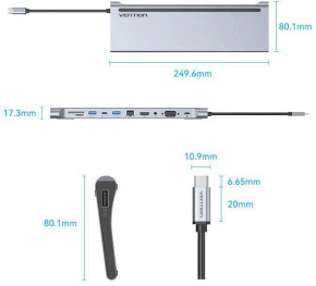 - USB3.1 Type-C --> HDMI/VGA/USB-C/USB3.0x3/RJ45/SD/TF/TRRS 3.5mm/PD 100W Vention 11in1 (THTHC) 9