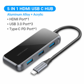  Vention 5  1 Type-C-HDMI-USB-PD 3USB 3.0 4K 60Hz 87W 0.15m Black (TFBHB) 3