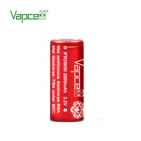  26650 -- (LiFePO4) Vapcell IFR26650, 2600mAh, 55A, 3.6/3.2/2.0V, Red