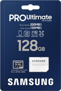   Samsung PRO Ultimate microSDXC + Adapter 128GB  4K UHD, UHS-I, Class 10, U3,V30, A2 (MB-MY128SA) 4