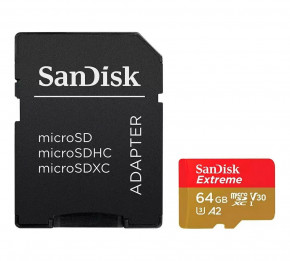     SanDisk microSDXC Extreme For Action Cams and Drones 64GB Class 10 UHS-I (U3) V30 A2 W-80MB/s R-170MB/s +SD- (SDSQXAH-064G-GN6AA)