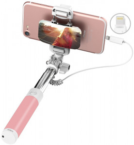   Rock Mini selfie stick with lightning wire control  mirror Pink (0)