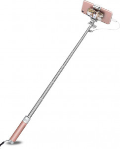   Rock Mini selfie stick with lightning wire control  mirror Pink (3)
