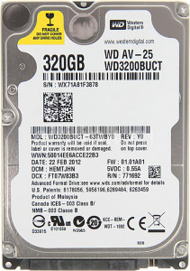   2.5 320GB Western Digital AV-25 5400rpm 16MB SATAII (WD3200BUCT) Refurbished