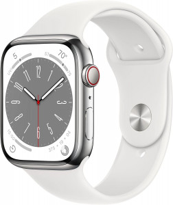 - Apple Watch Series 8 GPS + Cellular 45mm w/Silver Stainless Steel Case with White Sport Band - M/L (MNVW3)