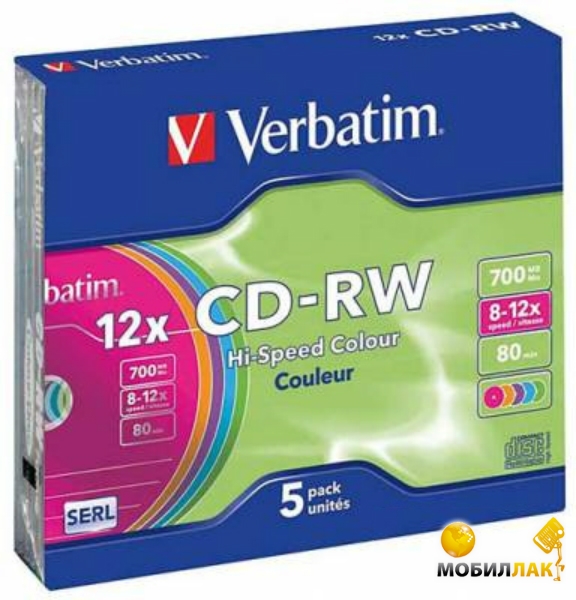  Verbatim CD-RW 700 MB 12x Slim 5  Color (43167)