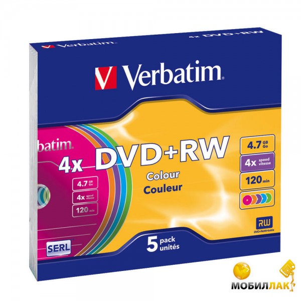  Verbatim DVD+RW 4.7GB 4X 5Pk Serl Colour Surface (43297)