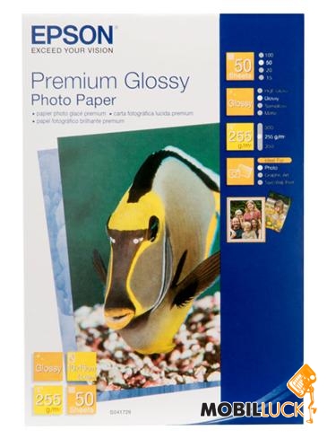  Epson 100mm x150mm Premium Glossy Photo Paper, 50. (C13S041729)