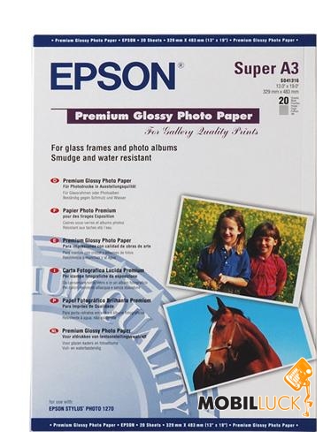  Epson A3+ Premium Glossy Photo Paper, 20. (C13S041316)