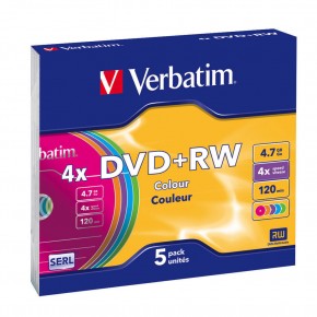  Verbatim DVD+RW 4.7GB 4X 5Pk Serl Colour Surface (43297)