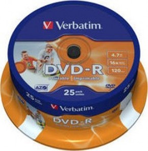   Verbatim DVD-R Printable 4,7GB 16x Spindle Packaging 25 (43538) (0)