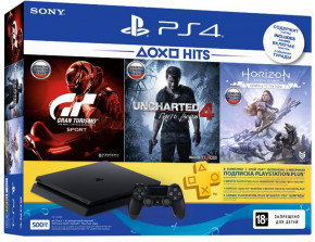    Sony PlayStation 4 500GB Slim Black +  Horizon Zero Dawn/Gran Tourismo/Uncharted 4 (HZD+GTS+UC4+PSPlus 3) (0)
